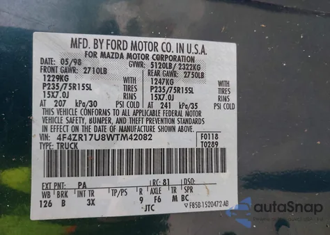 1998 Mazda B3000 Se z USA, uszkodzony, nr VIN 4F4ZR17U8WTM42082